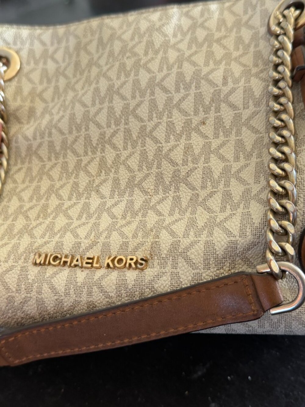 Michael Kors Jet Set Travel MK Monogram Chain Tote Shoulder Bag Vanilla Brown - Picture 8 of 16